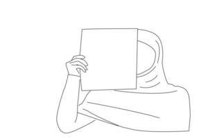 Illustration of arabic girl in hijab covering half of her face with blank white sheet of paper, copy space. Outline drawing style art vector