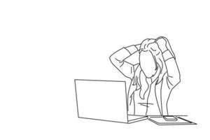 caricatura de mujer de negocios en el escritorio con un chip portátil en el pelo y gritando. estilo de arte lineal vector