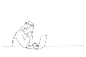 Illustration of arabian business man looking shocked at his computer. Outline drawing style art vector