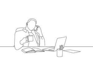 Cartoon of cheerful employee talking on phone and holding cup with hot drink having coffee break. Line art style vector