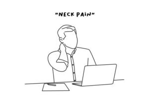 Illustration of exhausted male worker sit at desk massage neck suffer from strain spasm muscles. line art style vector