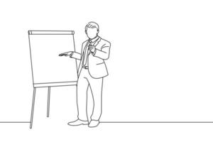 Cartoon of confident businessman making presentation on flipchart over white background. Line art style vector