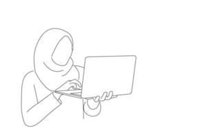 Illustration of beautiful muslim woman wearing hijab and using laptop. Line art style vector