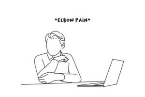 Illustration of young man suffering from elbow pain in office. line art style vector