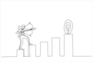 Cartoon of confidence businesswoman aiming his bow arrow to top of high performance target. Business challenge to achieve higher target. Continuous line art vector