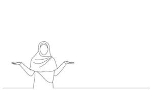 Illustration of joyful muslim woman in headscarf holding something on her empty palms, demonstrating or comparing options, spreading hands. One line art vector