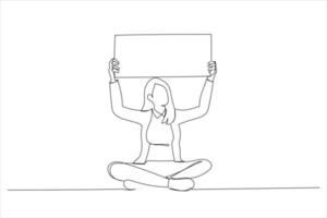 Cartoon of young woman holding sign above his head. Single continuous line art style vector