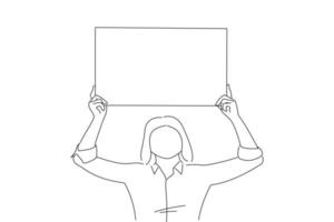 Cartoon of adult woman holding a blank sign over her head while looking at the camera isolated on white background. Line art style vector