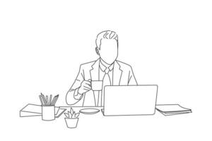 Cartoon of businessman manager sipping coffee on his desk in a radiant manner. Line art style vector