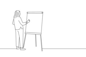 Drawing of female teacher conducts webinars, classes or school lessons writing on flip chart with a marker pen. Oneline art drawing style vector