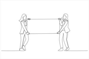 Cartoon of two casual business women carrying a blank panel. Continuous line art style vector