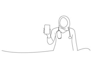 Drawing of beautiful asian muslim woman smiling nurse showing phone. Line art style vector