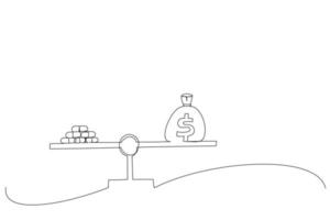 Drawing of pills and dollar coin on seesaw weight scale. Medicine, money, drug, cost, price and health metaphor. Single line art style vector