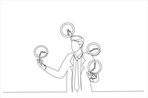 Illustration of business man successfully juggling managing time . Successful time management metaphor. One line art style vector