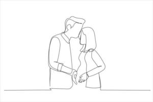 Drawing of loving couple waiting for baby, young husband touching pregnant wife belly. Single line art style vector