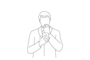 Drawing of scared businessman looking at his mobile phone. Line art style vector