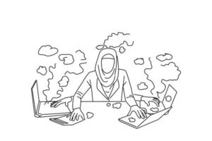 Illustration of hijab muslim business woman writing with anger on keyboard. Outline drawing style art vector