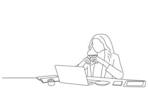 caricatura de mujer relajándose, tomando café, viendo tutoriales en línea en el lugar de trabajo. estilo de dibujo de arte de una línea