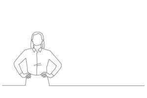 Drawing of young woman standing with hands on waist. Outline drawing style art vector