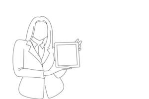 Drawing of casual smiling woman showing blank tablet computer screen looking at camera. Line art style vector