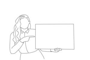 Illustration of beautiful business woman shows a blank bilboard, isolated on white, copy space. One line art vector