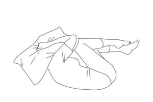 Drawing of frightened depressed woman lying alone on bed in fetal position covering head with pillow. Outline drawing style art vector