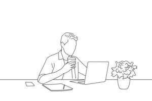 Illustration of handsome worker in glasses drinking coffee while watching video on his laptop at office. Oneline art drawing style vector
