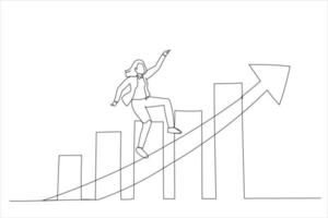 Drawing of smart businesswoman company leader riding skateboard fast on rising up profit graph diagram. Single line art style vector