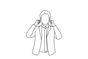 Cartoon of annoyed and tensed businessman feel discomfort, shut ears as hear annoying loud sound. Continuous line art style vector