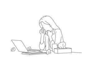 Illustration of sad business woman suffering from cold while working with laptop at table. Outline drawing style art vector