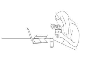 ilustración de una mujer de negocios comiendo fideos instantáneos mientras trabaja en una computadora portátil en la oficina de su casa. estilo de dibujo de arte de una línea vector