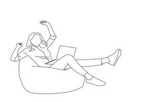 Drawing of businesswomaan sitting on bag chair celebrating e commerce breakthrough. Line art style vector