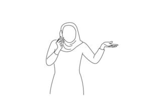 caricatura de una joven asiática sorprendida hablando por teléfono móvil con la boca abierta. estilo de dibujo de arte de una línea vector