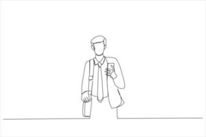 Cartoon of young businessman looking at messages on cellphone while walking in the street in downtown. Continuous line art style vector