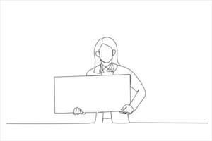 Illustration of young business woman holding a placard confident with crossed arms. One line art style vector