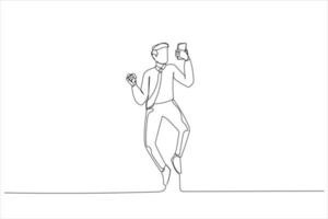 Illustration of man standing isolated over white background, using mobile phone, celebrating, jumping. One continuous line art style vector