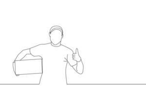 Cartoon of delivery man employee hold empty cardboard box and thumb up. Line art style vector