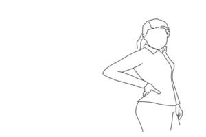 Illustration of business woman with back pain holding her aching hip. Outline drawing style art vector