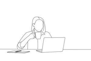 Drawing of Cheerful Female Office Worker Using Laptop And Drinking Coffee At Workplace. One line art vector