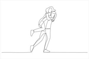 Illustration of happy Asian groom gives a bride piggyback ride. One line style art vector