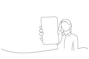 dibujo de una hermosa joven que muestra un gran smartphone con pantalla en blanco, espacio libre para tu diseño. estilo de dibujo de arte de una línea vector