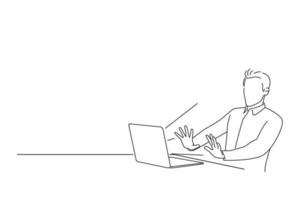 ilustración de un joven hombre de negocios emocionalmente asustado sentado en un café y gritando a la laptop. arte de estilo de dibujo de esquema vector
