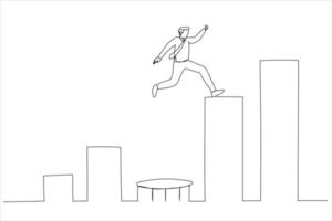 Illustration of strong businessman jumping from trampoline back to top of growing bar graph. Business challenge, revenue recover. One line art style vector