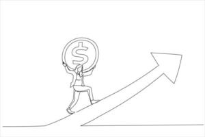 Cartoon of strong businesswoman investor carry money coin walk up rising up graph. Investment growth or earning rising up. Continuous line art style vector