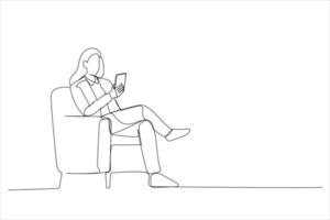 Cartoon of woman using mobile phone with new application sitting in armchair. Single continuous line art style vector