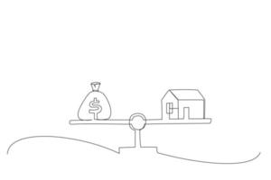 Illustration of home and money coins stack on scale. Property investment concept. One line style art vector