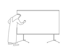 Drawing of arab businessman making a presentation at office. Entrepreneur using whiteboard to present ideas. One line art vector