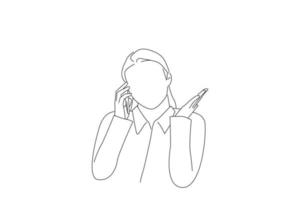 Cartoon of upset unpleasantly surprised business woman making phone call, disputing, complaining. One line art vector