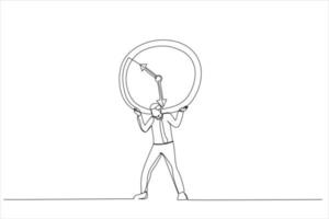 Illustration of businessman salary man carry heavy big clock burden. Time management failure concept. One continuous line art style vector