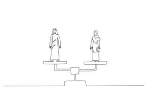 Cartoon of arab business man and hijab business woman standing on balance scales. Opportunities in workplace concept. Continuous line art vector